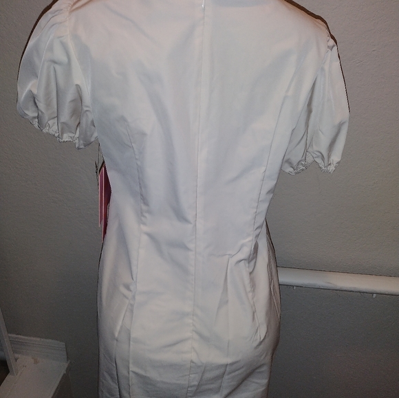 LDT Lace Up Split Round Neck Short Puff Sleeve Mini Dress - Picture 9 of 12